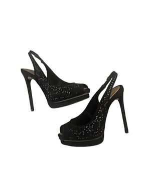 BCBGeneration Black Suede Slingback Peep-Toe Platform Heels with Crystal Accents